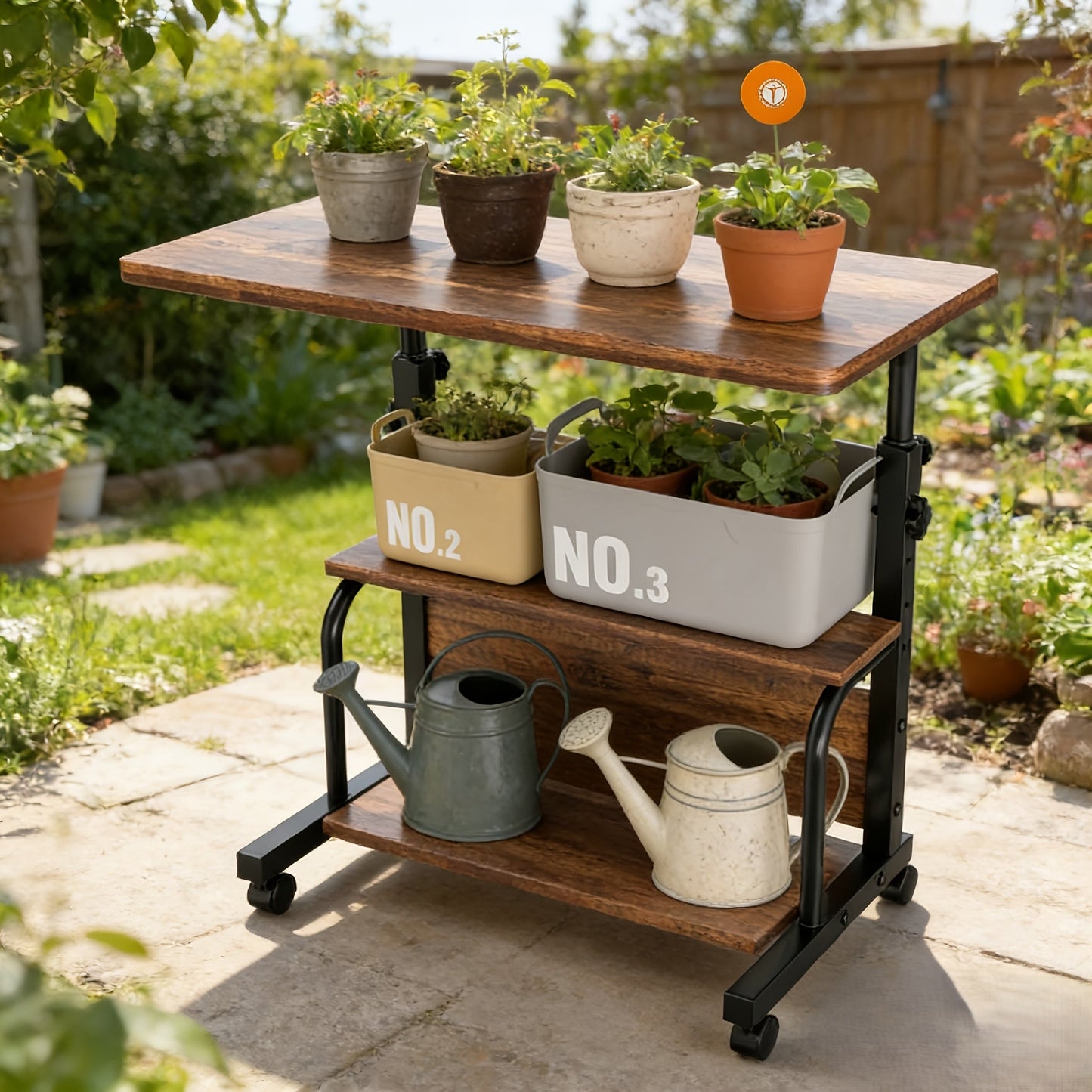Two-Tier Mobile Garden Work Table with Wood-Look Top, Metal Frame, Storage Shelf and Locking Casters