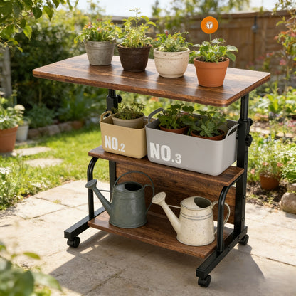 Two-Tier Mobile Garden Work Table with Wood-Look Top, Metal Frame, Storage Shelf and Locking Casters