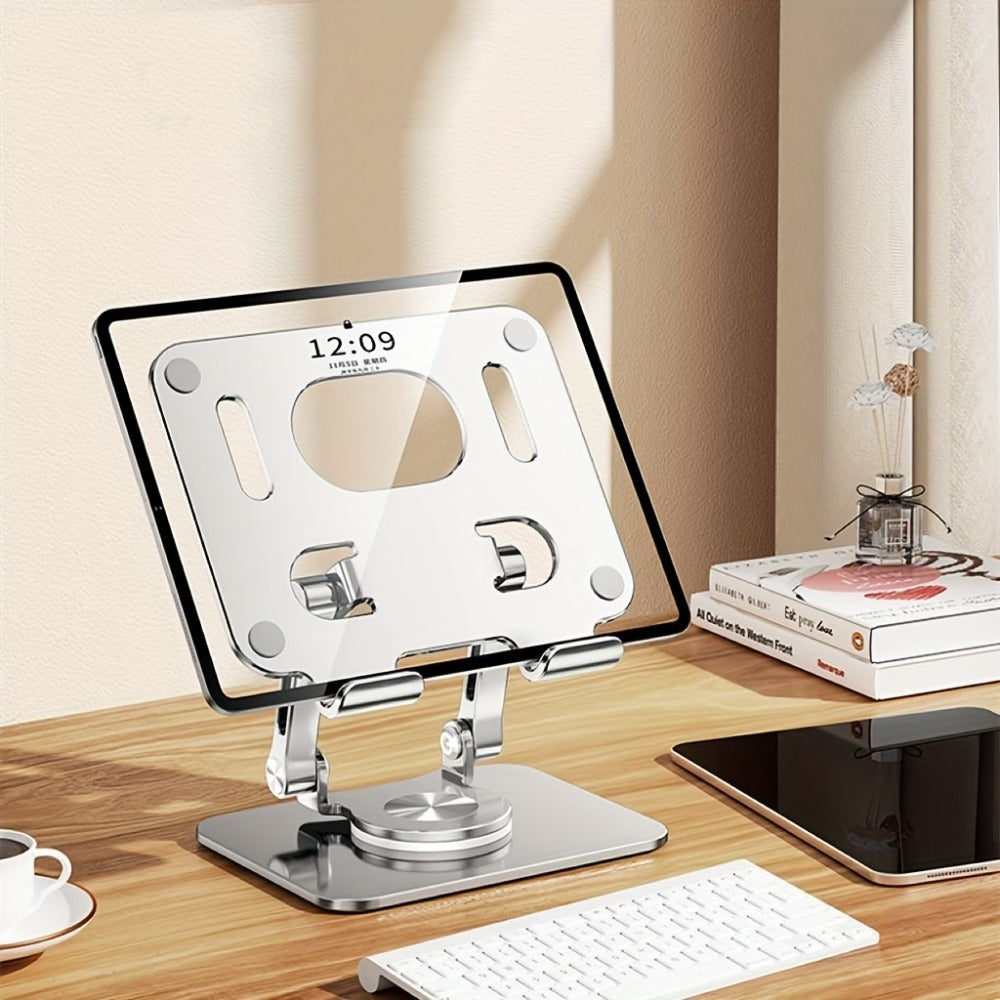 Black or Silver Rotating Tablet Stand with Foldable Desktop Base, Adjustable Tilt and Portrait or Landscape Viewing