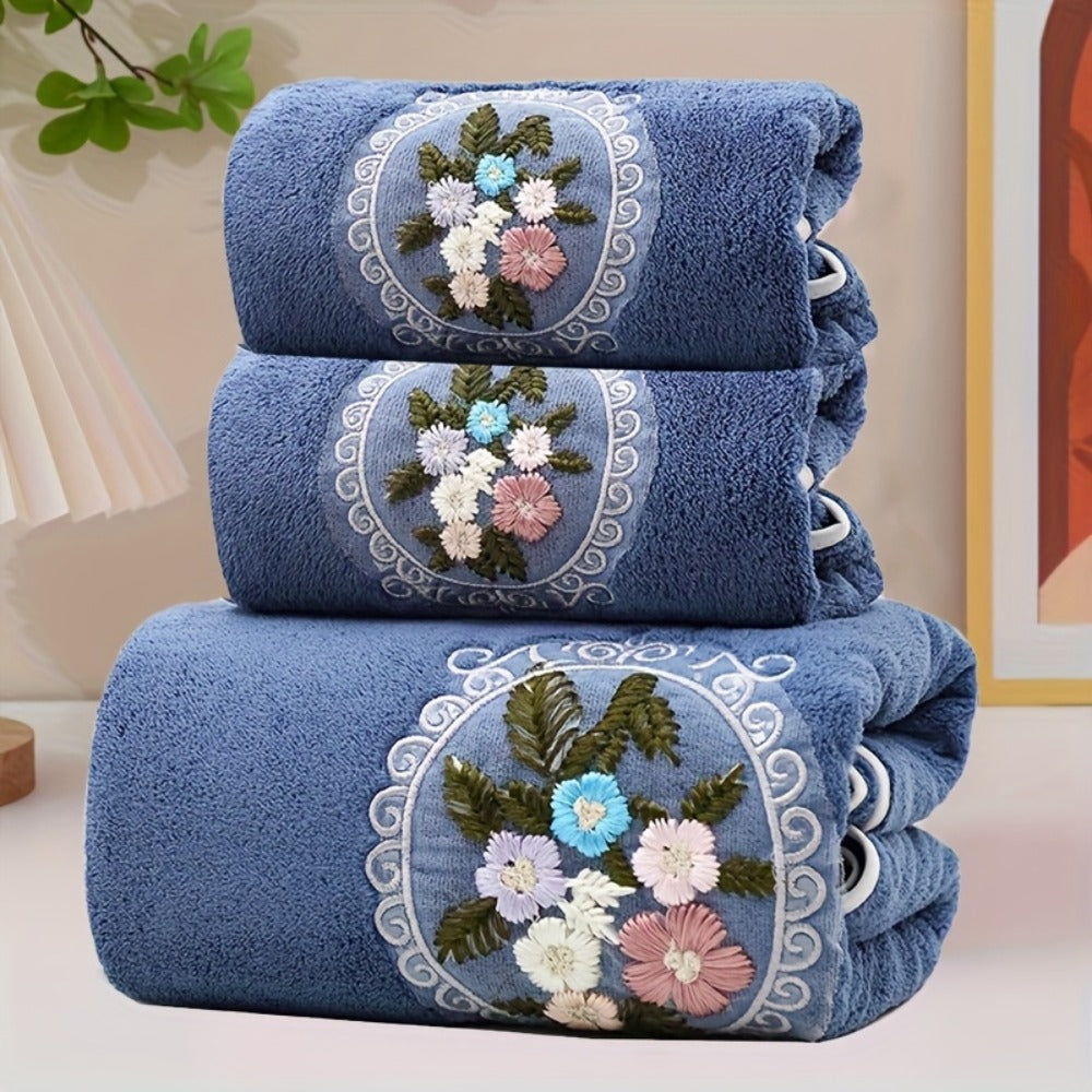 Towel Set 3-Piece Embroidered Flower Bath and Face Towels in White, Blue, Pink or Gray for Home and Guest Use