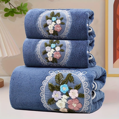 Towel Set 3-Piece Embroidered Flower Bath and Face Towels in White, Blue, Pink or Gray for Home and Guest Use
