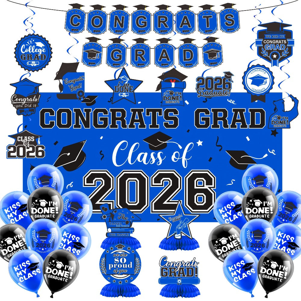 Party Decorations Class of 2026 Graduation Set with Backdrop, Banner, Swirls and Table Pieces in Five Colors
