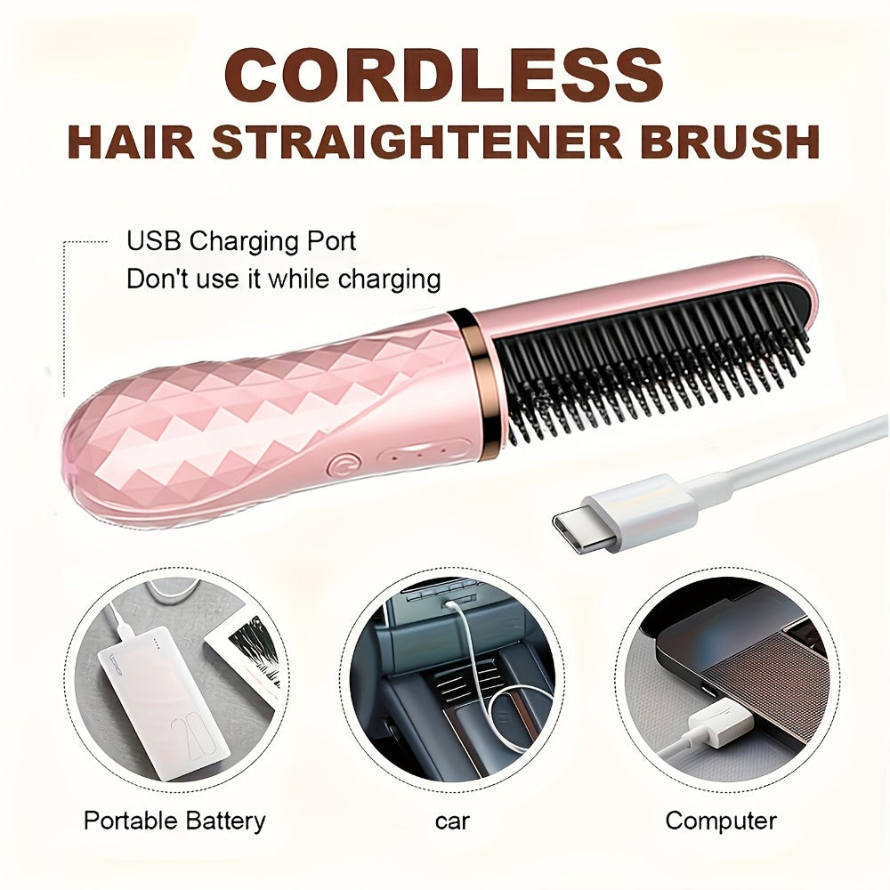 Cordless Hair Straightener Brush with USB-C Charging, Three Temperature Settings and Pink or Beige Finish