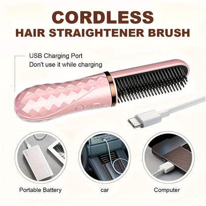 Cordless Hair Straightener Brush with USB-C Charging, Three Temperature Settings and Pink or Beige Finish