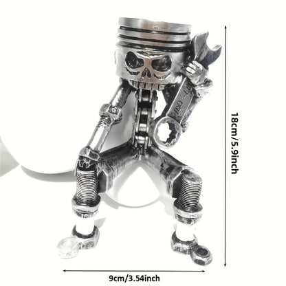 Steampunk Skull Sculpture with Wrench - Hand-Painted Mechanical Piston Gothic Decor, Resin Desk Decoration for Man Cave, Garage, Office, Engineer Gift, Car Lover Gift, Halloween Decor