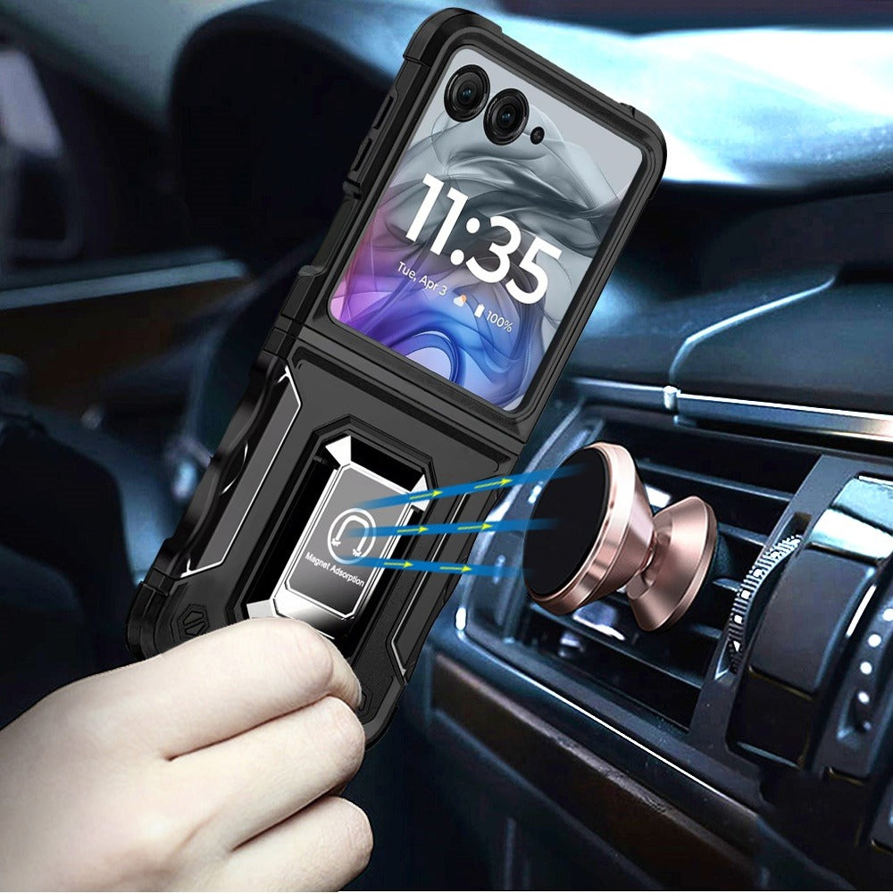 Motorola Razr 2024 Case Defender Metal Magnetic Ring Stand Hybrid Cover – Heavy Duty Shockproof TPU PC Armor with Kickstand & Magnetic Car Mount Compatibility