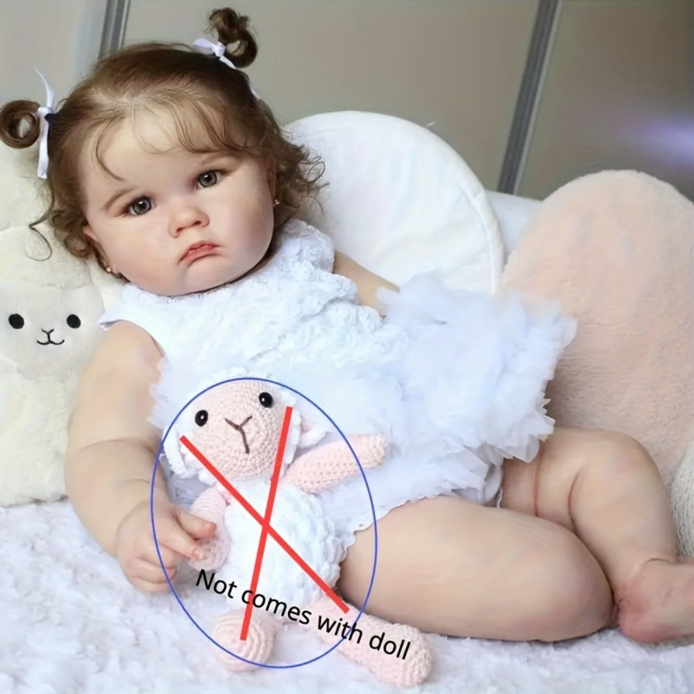 Reborn Baby Doll 24-Inch Cloth Body with Vinyl Limbs, Rooted Brown Hair, Acrylic Eyes and White Outfit Set