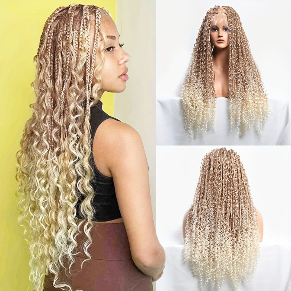 Thirty-Six-Inch Bohemian Square-Braid Wig with Curly Ends and Four Black, Blonde or Burgundy Options