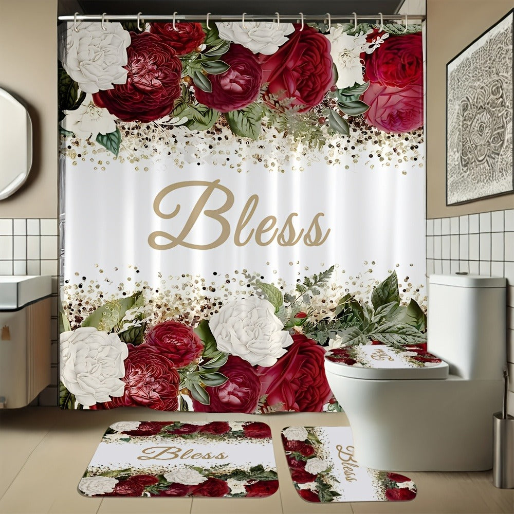Four-Piece Rose and Bless Shower Curtain Set with Coordinated Mats, Lid Cover and Twelve White Hooks