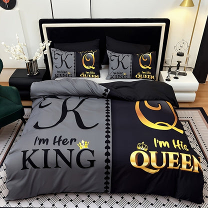 King and Queen Print Duvet Cover Set with Two Pillowcases, Three Styles and Four Bed Sizes