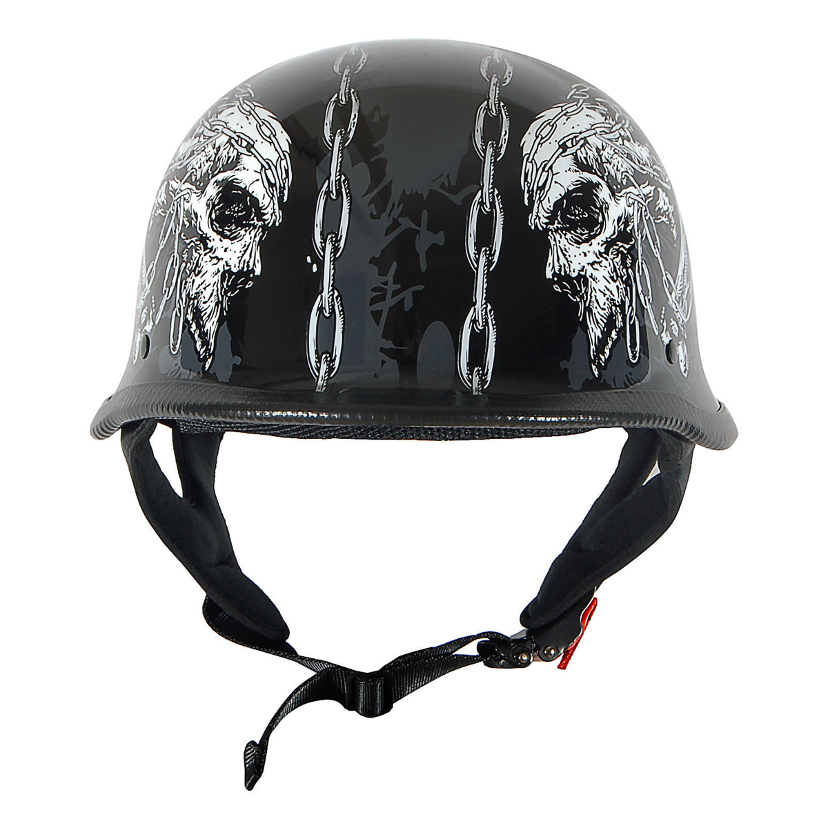German Style Motorcycle Half Face Helmet – Novelty Skull & Carbon Fiber Design, UV Glossy Finish, Removable Washable Padding, Quick Release Buckle, Adult M/L/XL