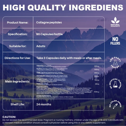 Collagen Capsules Type I II III V X with Vitamin C, Hyaluronic Acid & Biotin — Skin Hydration, Elasticity, Hair & Nail Growth Supplement | Anti-Aging Beauty Formula for Women & Men | 3rd Party Tested | 90 Capsules | 1 or 2 Bottle