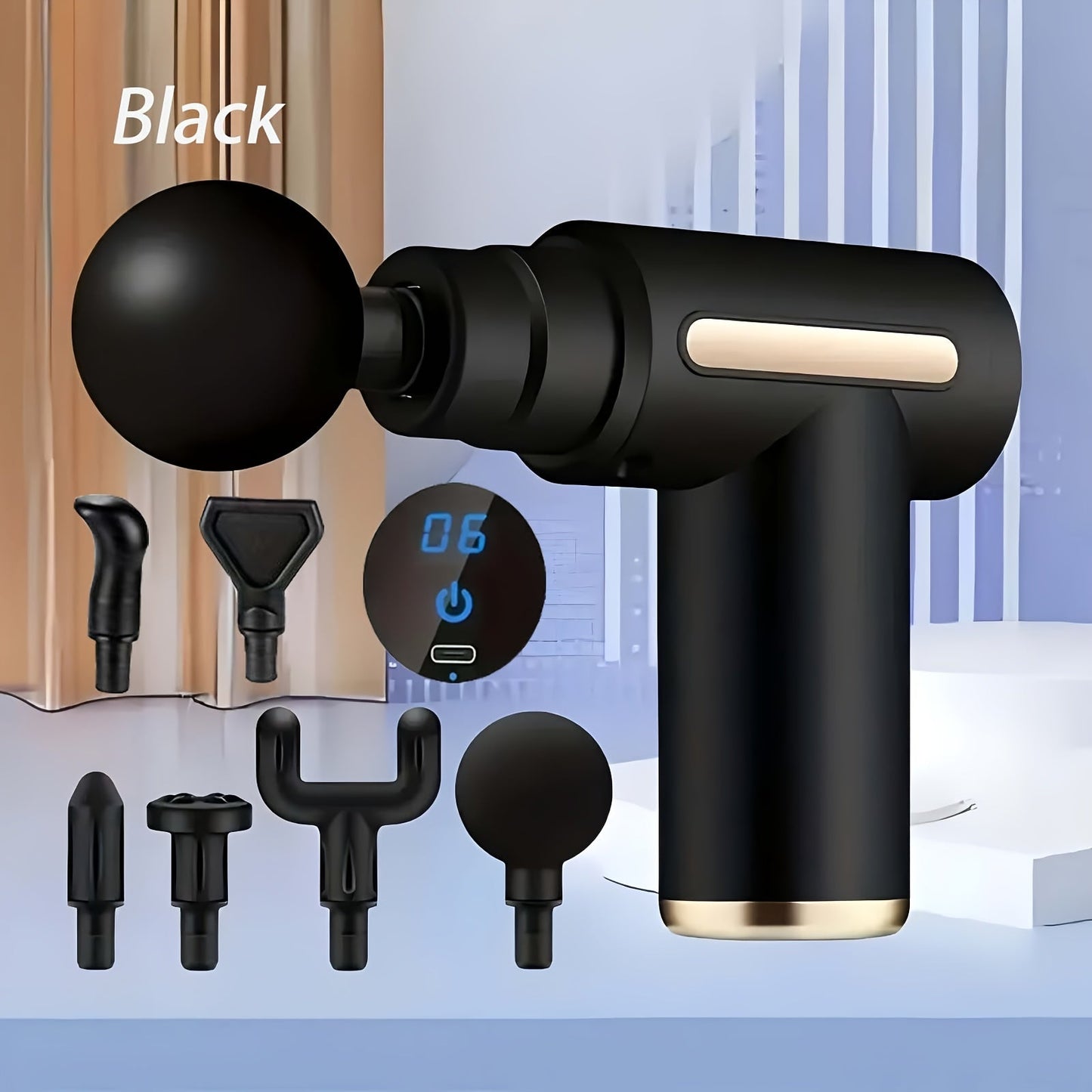 Compact Massage Gun with Digital Control Display, Multiple Pictured Heads and Four Color Options