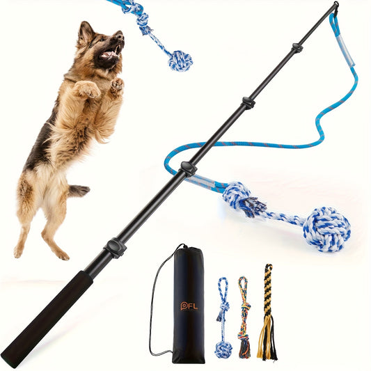 Dog Toy Telescopic Aluminum Flirt Pole with Reinforced Nylon Rope and Three Detachable Interactive Toys