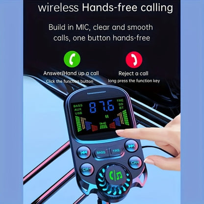 Flexible-Neck Car FM Transmitter with Color Display, USB-C and USB-A Ports, AUX Input and Call Controls