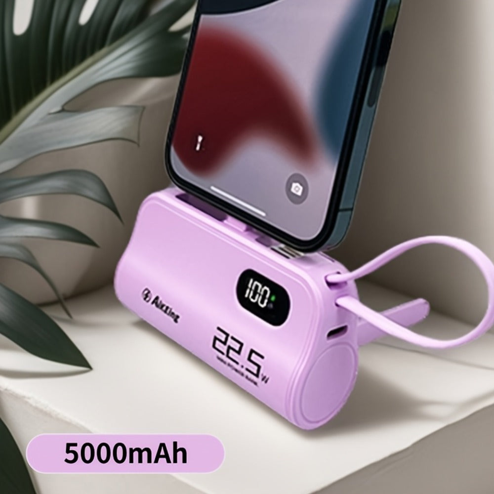 Mini Capsule Power Bank 5000mAh 22.5W Fast Charging Portable Charger Dual USB-C USB-A Pocket Sized for iPhone Android Samsung Travel Everyday Carry Black Pink Purple