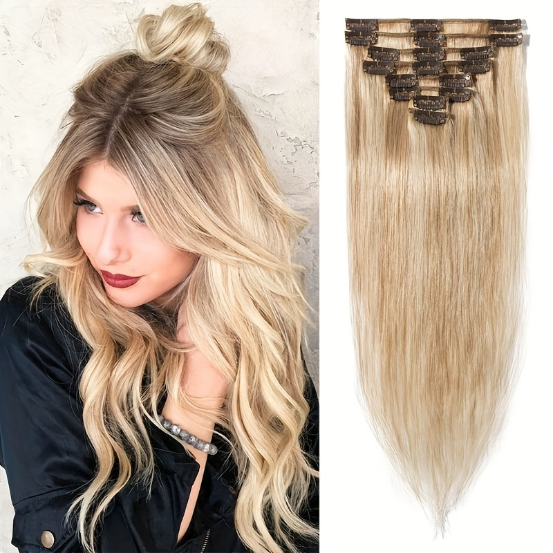 Hair Extensions Straight Remy Human Hair Clip-In Set with Eight Wefts, Highlighted Blonde Colors and 8–24-Inch Lengths