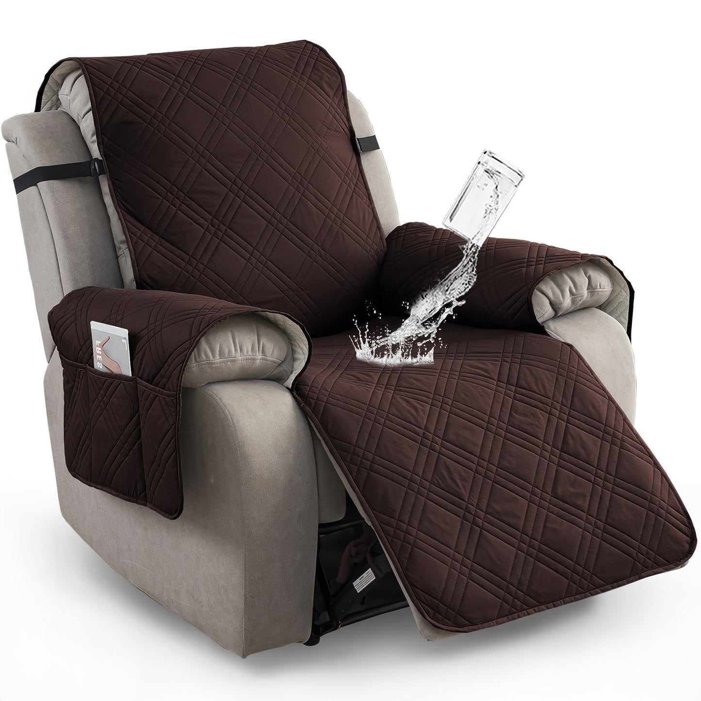 Chair Cover Quilted Recliner Throw with Side Pocket, Elastic Straps and Buckle in Ten Colors