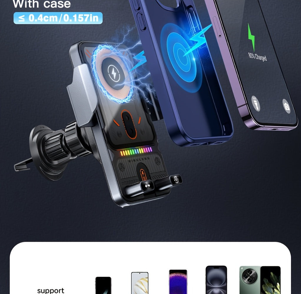 Car Wireless Charger 15W Auto-Align Smart Sensor FOD Detection Auto-Sensing Infrared Clamp 4mm Case Friendly Rotating Air Vent Mount for iPhone 17 16 15 14 Pro Max, Samsung Galaxy S24 S23 & All Qi Devices – Wired Backup Included