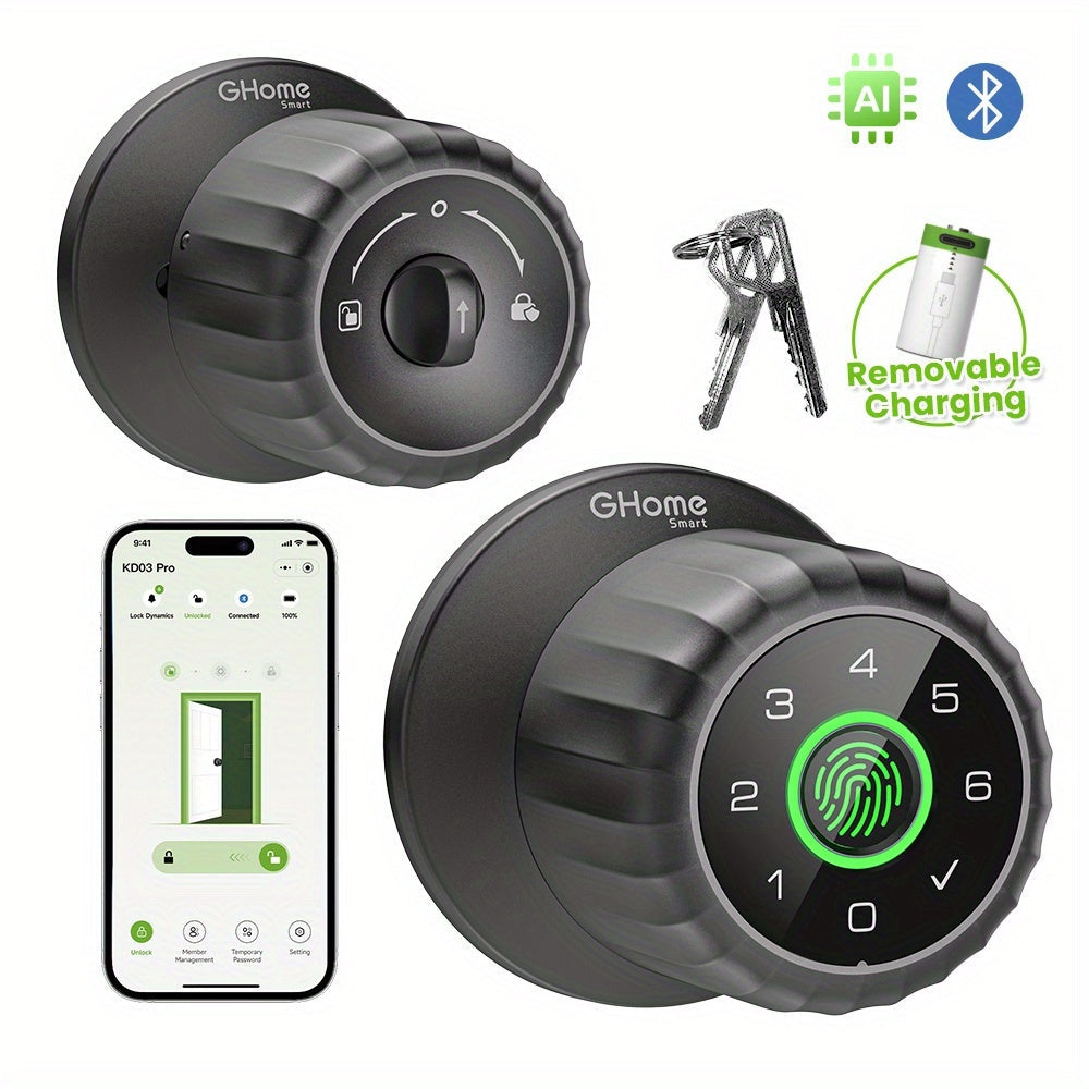 GHome Smart Lock Knob with Fingerprint & Keypad - USB-C Rechargeable, App-Controlled Keyless Entry, Auto-Lock, Passage & Privacy Mode, K10 / K10 PRO / K20 / KD03 PRO, for Home Bedroom Office
