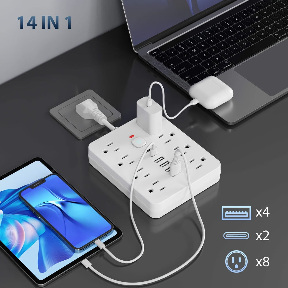 14-in-1 Power Strip with Individual Switches & Overload Protection – 8 AC Outlets, 4 USB-A & 2 USB-C Ports, Multi-Plug Wall Surge Protector for Office Home Travel, White & Black