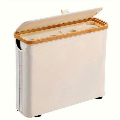 Enclosed Freestanding Toilet Paper Storage Bin with Fabric Sides, Bamboo-Look Rim and Fitted Lid in White