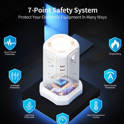 Night Light Power Tower Surge Protector 17-in-1, 12 AC Outlets & 5 USB Ports, 10.2ft Extension Cord, 4 Independent Switches, Overload Protection Charging Station for Home Office Dorm Room – White