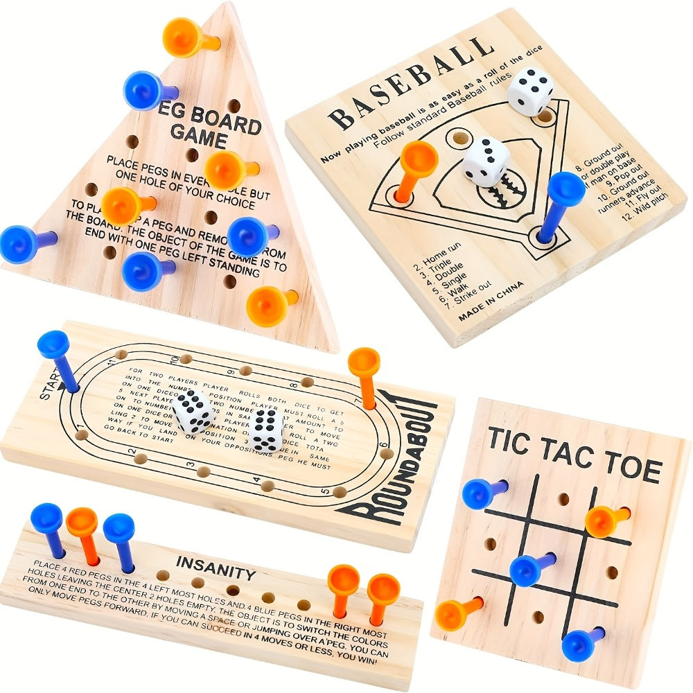 Five-Game Wooden Tabletop Set with Peg Boards, Dice and Playing Pieces for Adult Strategy and Family Game Nights
