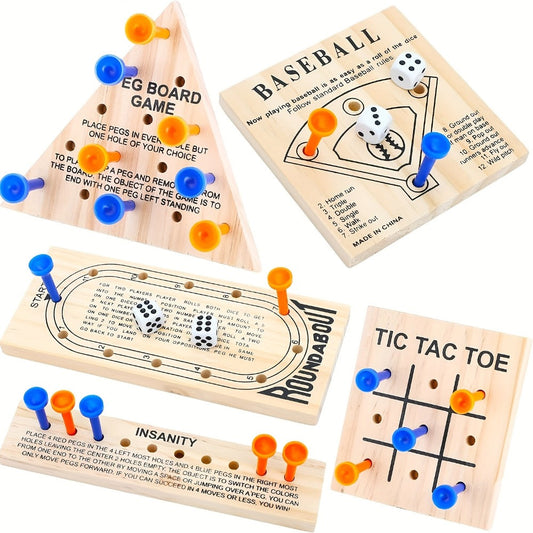 Wooden Board Game Set 5-in-1 – Luban Lock Puzzle Brain Games with Peg Board, Dice & Plastic Pieces, Classic Family Strategy Games Kit for Kids Adults, Educational STEM Toy Gift