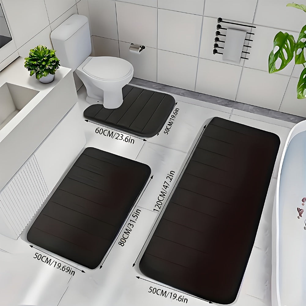 Channel-Stitched Three-Piece Padded Bath Mat Set with Long Runner and Two Matching Rugs in Nine Solid Colors