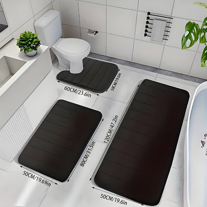 Channel-Stitched Three-Piece Padded Bath Mat Set with Long Runner and Two Matching Rugs in Nine Solid Colors