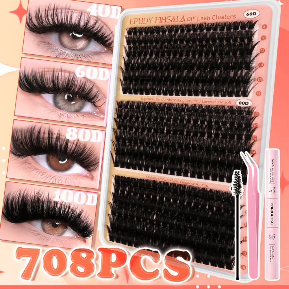 Lash Extension Kit with 708 Clusters in 8-16mm Mixed Lengths and 30D-100D Densities, Glue, Tweezers and Brush
