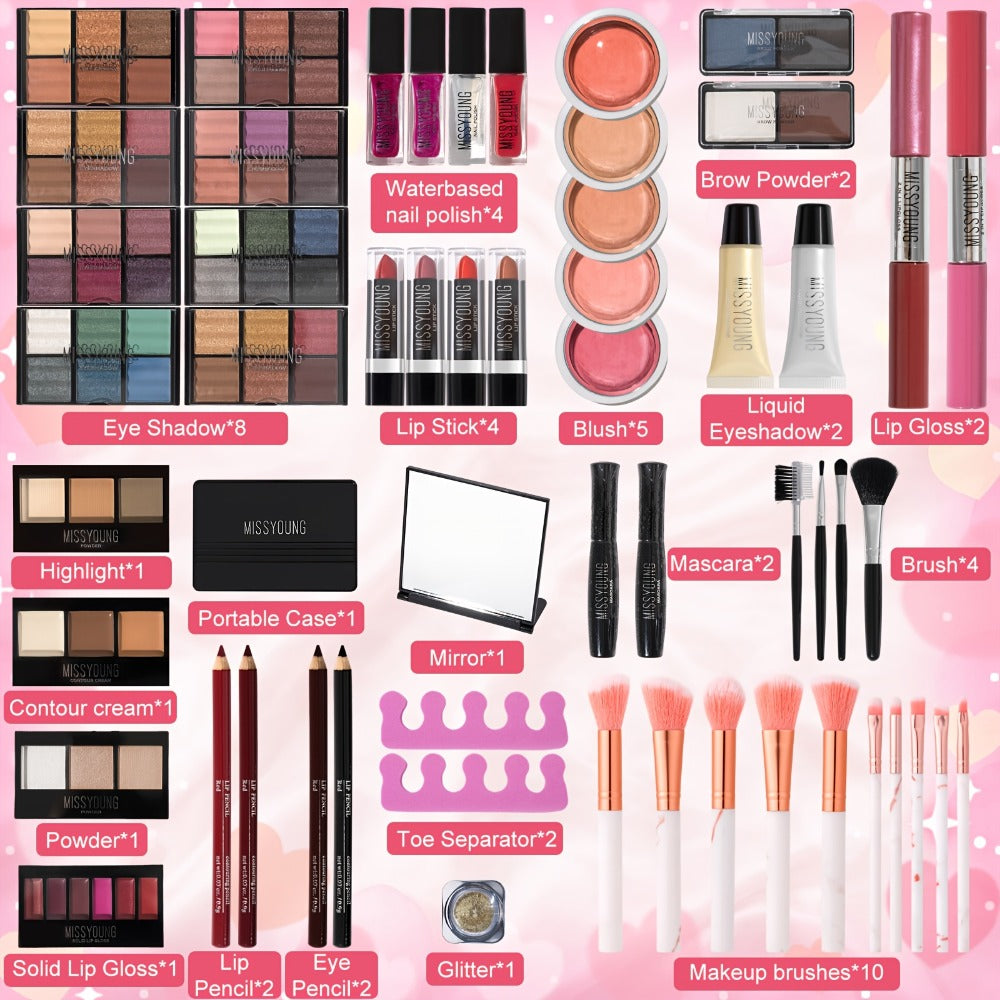 106-Piece Makeup Case Set with Red or Silver Carry Case, Fold-Out Color Palettes, Lip Products and Ten Makeup Brushes