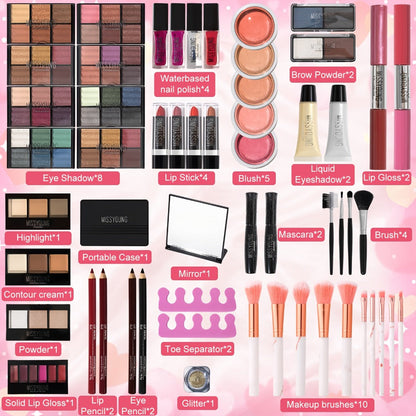 106-Piece Makeup Case Set with Red or Silver Carry Case, Fold-Out Color Palettes, Lip Products and Ten Makeup Brushes