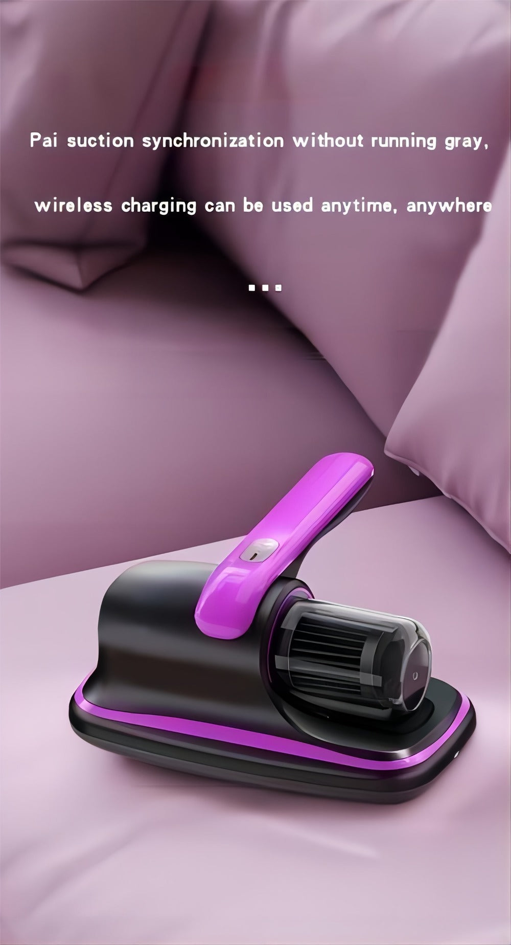 Cordless Mattress Vacuum Cleaner with 4500Pa Label, Two-Speed Control, Clear Dust Cup and Purple Trim