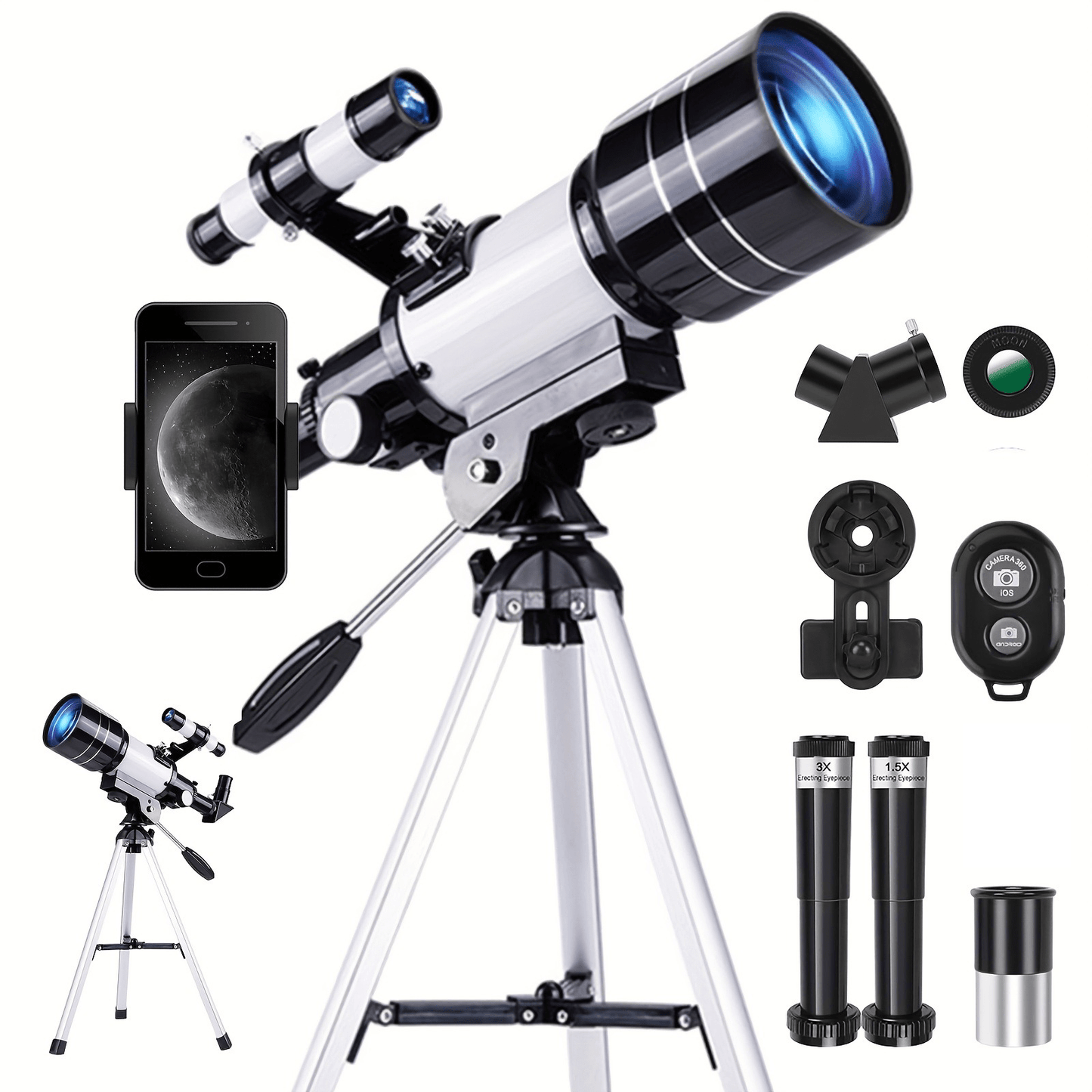 70mm Aperture Telescope 150X for Adults & Kids – Portable Astronomical Telescope with Tripod, Phone Holder, Barlow Lens & Eyepiece, Best Gift for Stargazing, Nature & Education