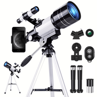 70mm Aperture Telescope 150X for Adults & Kids – Portable Astronomical Telescope with Tripod, Phone Holder, Barlow Lens & Eyepiece, Best Gift for Stargazing, Nature & Education