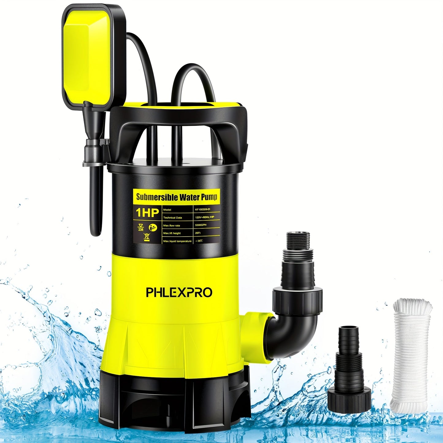 Submersible Sump Pump 1HP 5300GPH 750W with Float Switch 26ft Cord for Pool Pond Basement Garden