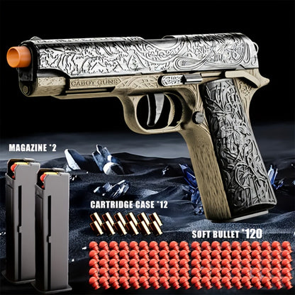 Soft Bullet Toy Gun with 120 Shells & Ejecting Shell System – Semi-Auto Rapid-Fire Pistol for Boys, 2 Magazines, Indoor Outdoor Shooting Game, Birthday Gift for Kids Ages 6+
