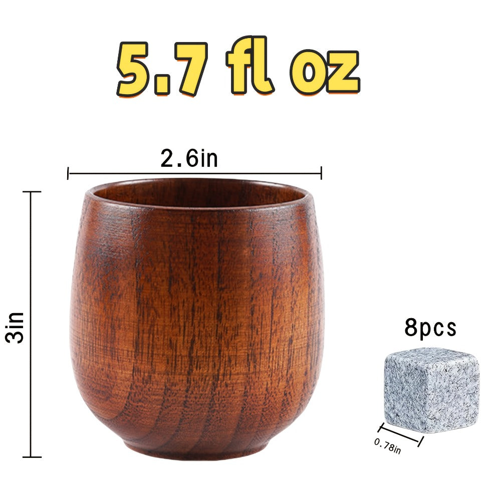 Charred Wooden Bourbon Whiskey Glass Set – 2 Jujube Wood Old Fashioned Tumbler Glasses & 8 Granite Whiskey Stones – Handcrafted Whiskey Gift for Men Dad
