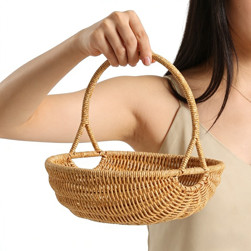 Wicker Storage Basket with Handle - Handwoven Rattan Organizer Bin, Multipurpose Farmhouse Basket for Kitchen Pantry Bathroom Shelf Home Decor