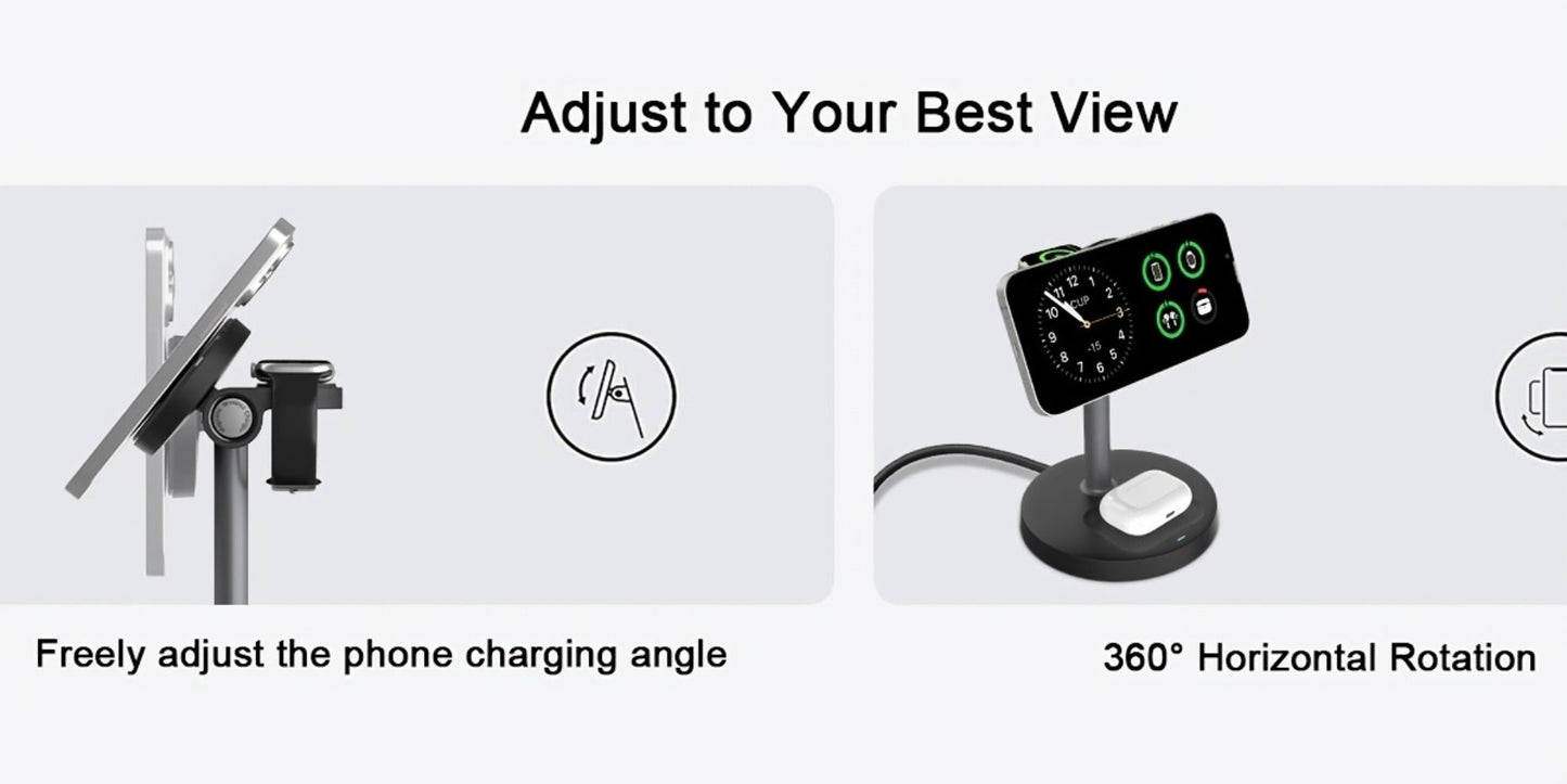 3-in-1 Wireless Charging Station 6 Colors Fast Qi Charger for iPhone 17/16/15/14/13/12, Apple Watch Ultra/Series 11/10/9/SE & AirPods 4/3/2 Pro – Anti-Slip Foreign Object Detection | Pink White Black Purple Green Blue