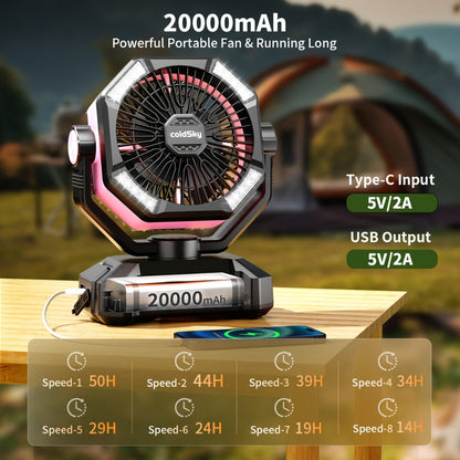 Camping Fan Battery Powered 20000mAh, Dual Motor 8-Speed Portable Tent Fan with Remote Control, 4 LED Lanterns and Hanging Hook, Rechargeable Outdoor Fan for Camping, Power Outage, Construction Site