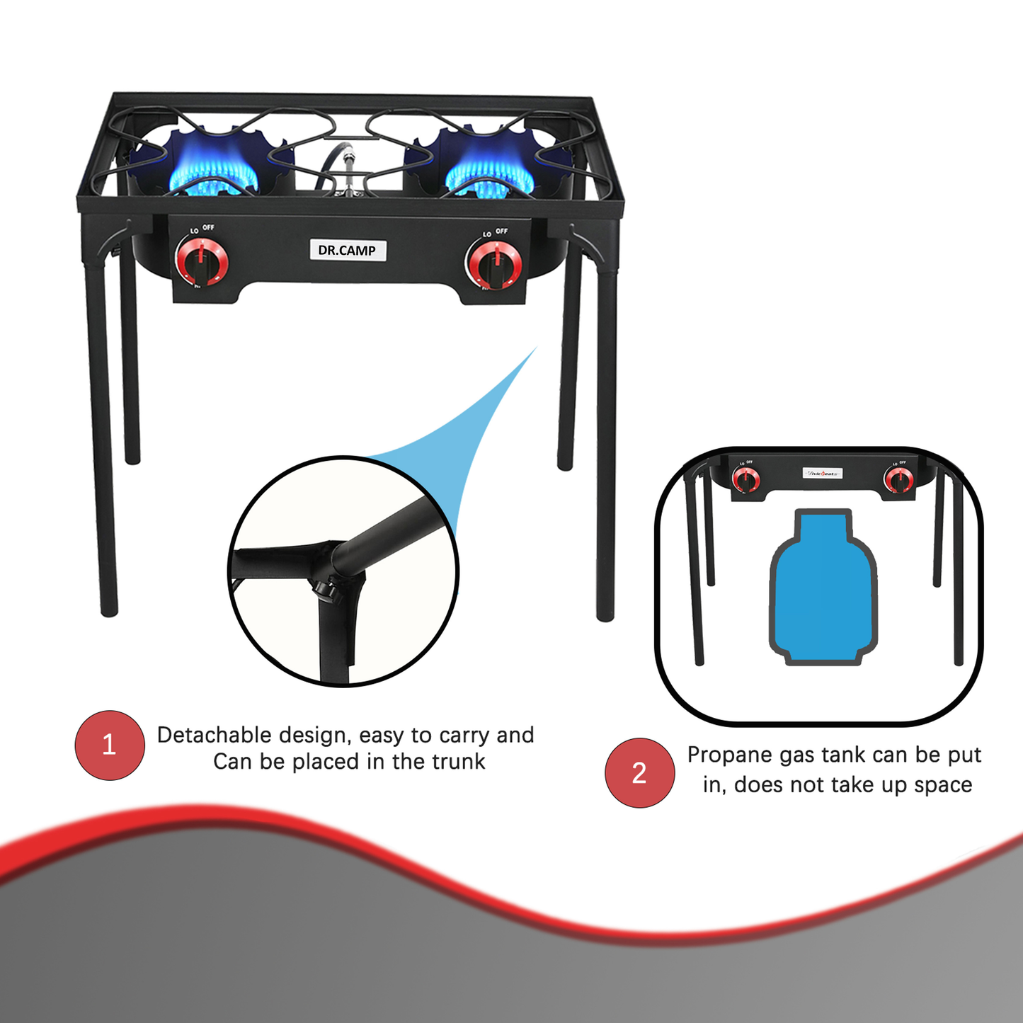 Propane Camping Stove Cast Iron 1, 2 or 3 Burner with Detachable Legs, 20 PSI High-Pressure Regulator, Heavy-Duty Outdoor Gas Cooker for Camping BBQ Survival Tactical Cooking Patio