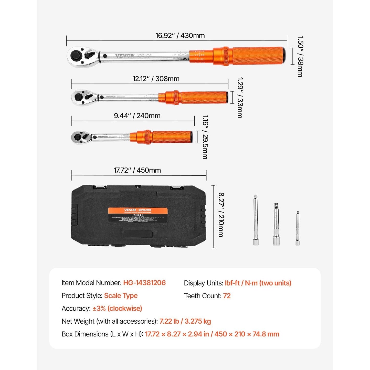 Click Torque Wrench Set 3-Piece - 1/4 3/8 1/2 Inch Drive, Dual-Direction 72-Tooth Reversible Ratchet, ±3% Accuracy with Calibration Certificate, Alloy Steel, Laser-Etched Scale, Heavy-Duty Tool Case