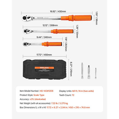 Click Torque Wrench Set 3-Piece - 1/4 3/8 1/2 Inch Drive, Dual-Direction 72-Tooth Reversible Ratchet, ±3% Accuracy with Calibration Certificate, Alloy Steel, Laser-Etched Scale, Heavy-Duty Tool Case