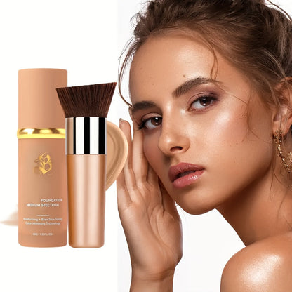 Color-Shifting Liquid Foundation and Flat-Top Brush Kit with Natural Finish and Buildable Coverage