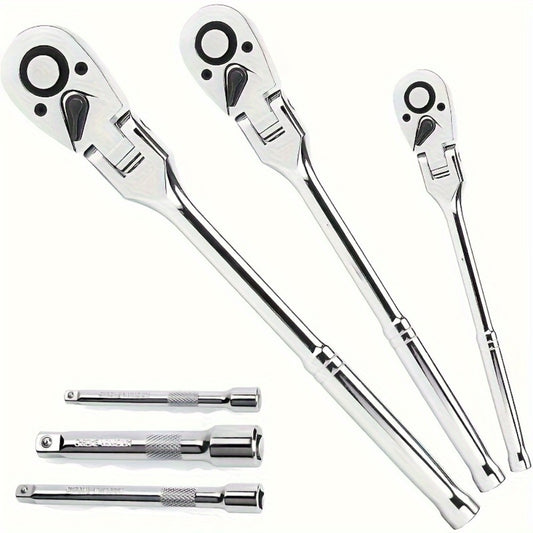 6-Piece Ratchet Wrench Set 1/4" 3/8" 1/2" Drive – Rotating Head Ratchet with Extension Bar, Chrome-Plated Stainless Steel, EVA Foam Storage Case | No Battery Required