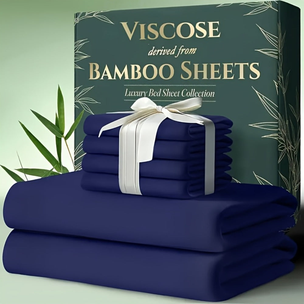 Bed Sheet Set 6-Piece Bamboo Fabric with 40–44 cm Pocket, Double-Stitched Edges and Seven Colors