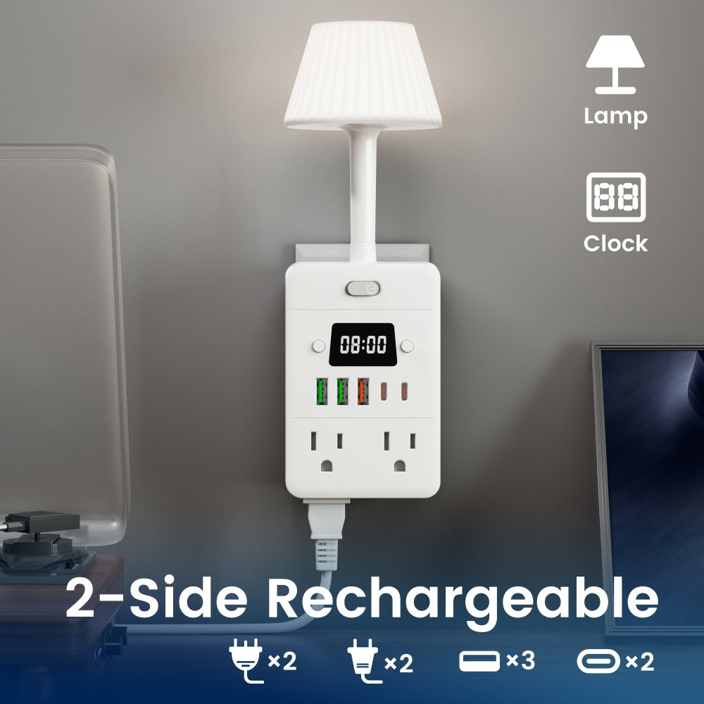 Power Strip 9-in-1 Desktop Station with LED Lamp, Digital Clock, 4 AC Outlets, 3 USB-A and 2 USB-C Ports